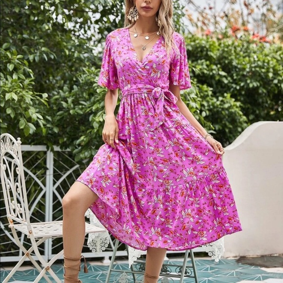Boho floral print ruffle hem v neck belted dress - Picture 4 of 8